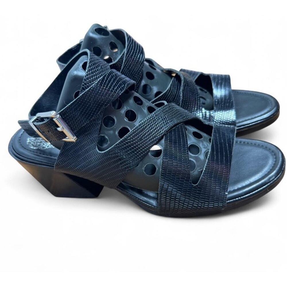 VINCE CAMUTO Deverey Sandals Womens 7 Black Leather Block Heel *New*